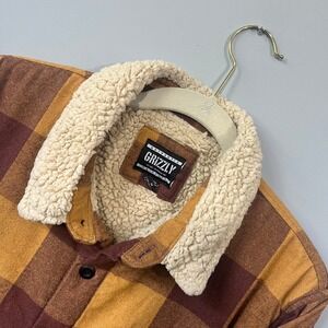 Grizzly Griptape Mens Sherpa Lined Flannel Shirt Jacket Plaid Burgundy Yellow M